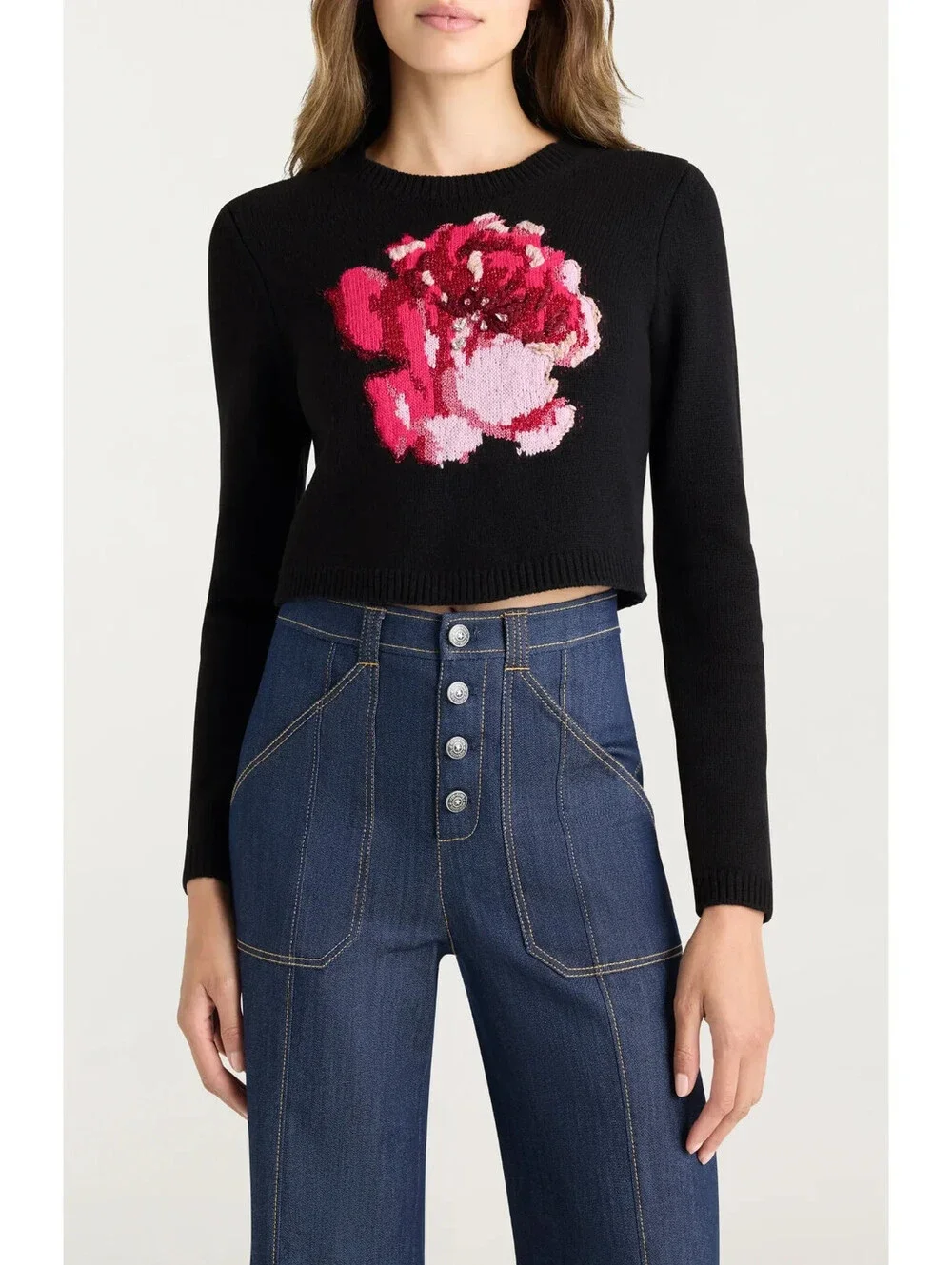 NEW, Cinq A Sept Heritage Rose Issa Wool Blend Crop Sweater Black Sz S #S7726